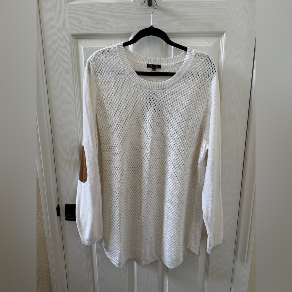 White Crew Neck Sweater with Tan Elbow Patches